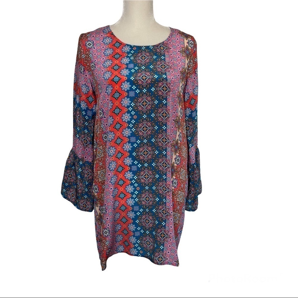 Tolani 100% Silk Geometric Print Bell Sleeve Tunic Boho Dress Size S